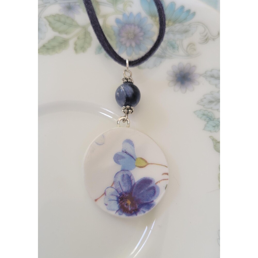 Broken China Blue Flower Pendant Necklace with Lapis Lazuli Bead - Handcrafted